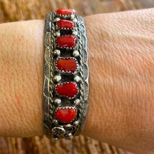 Navajo Made Bracelet - silver and red coral